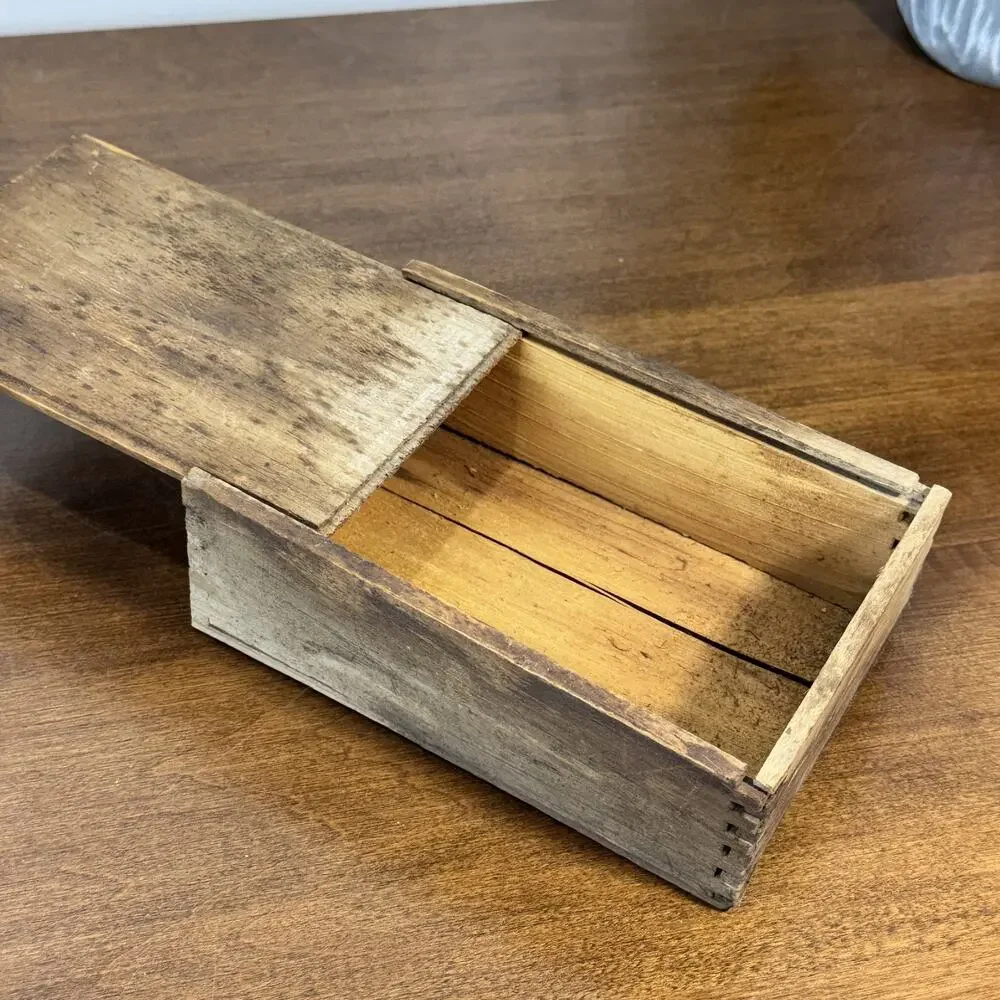 Antique Dovetail 6x4 Wooden Slide Lid Box Primitive Handmade Storage Box Rustic